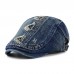 Collrown Men Denim Distressed Frayed Breathable Sunshade Short Brim Casual Vintage Forward Hats Beret Flat Caps